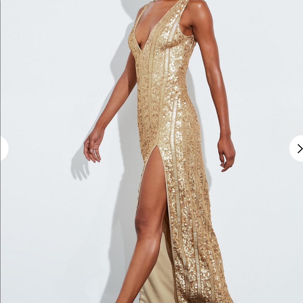 peacelove gold plunge embellished split maxi dress